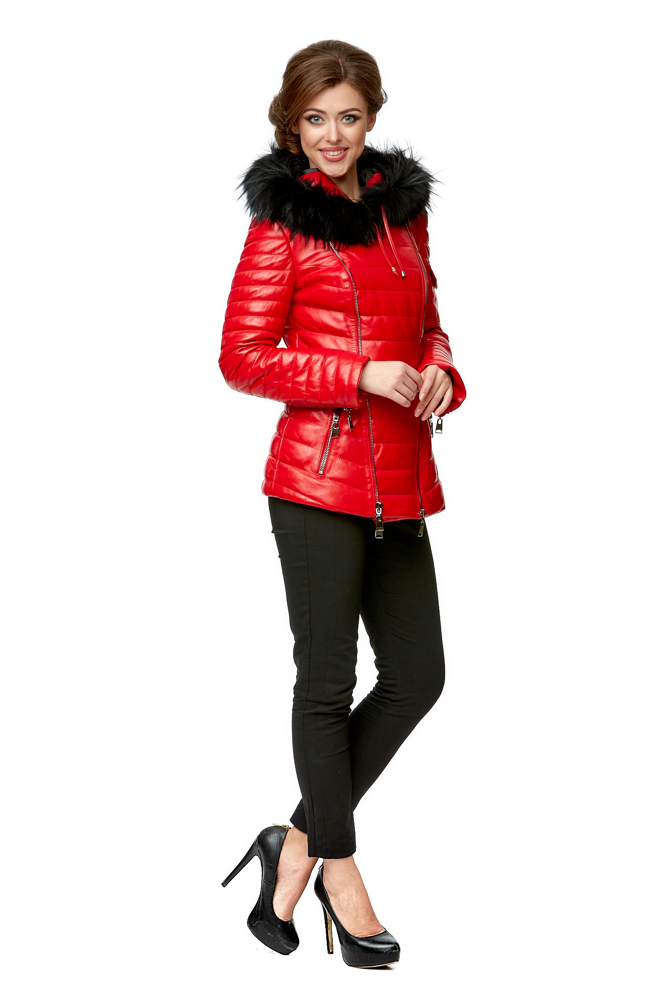 Женская кожаная куртка из натуральной кожи с капюшоном, отделка енот 8002024-2