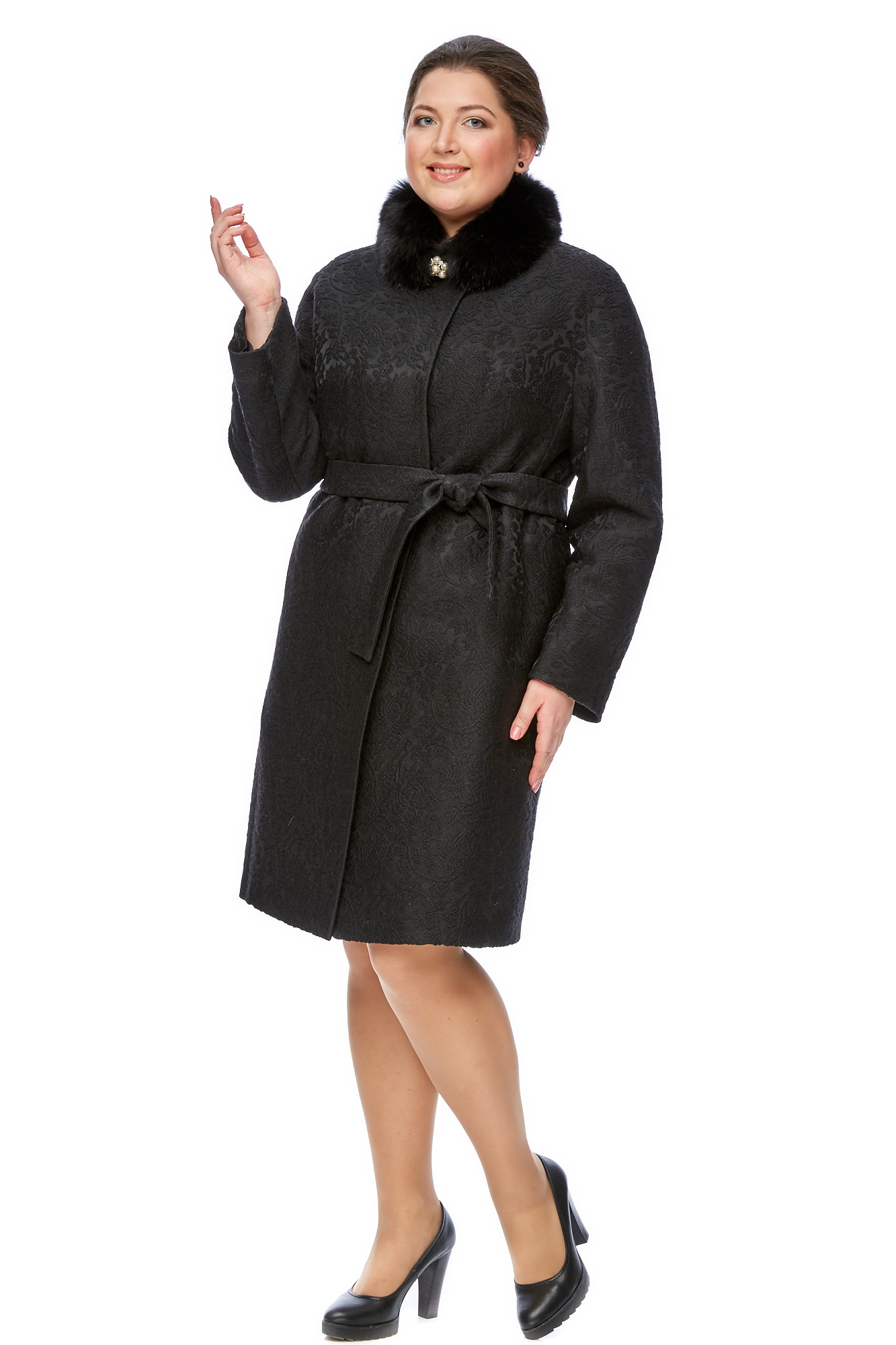 Женское пальто из текстиля с воротником, отделка песец 8002199-4