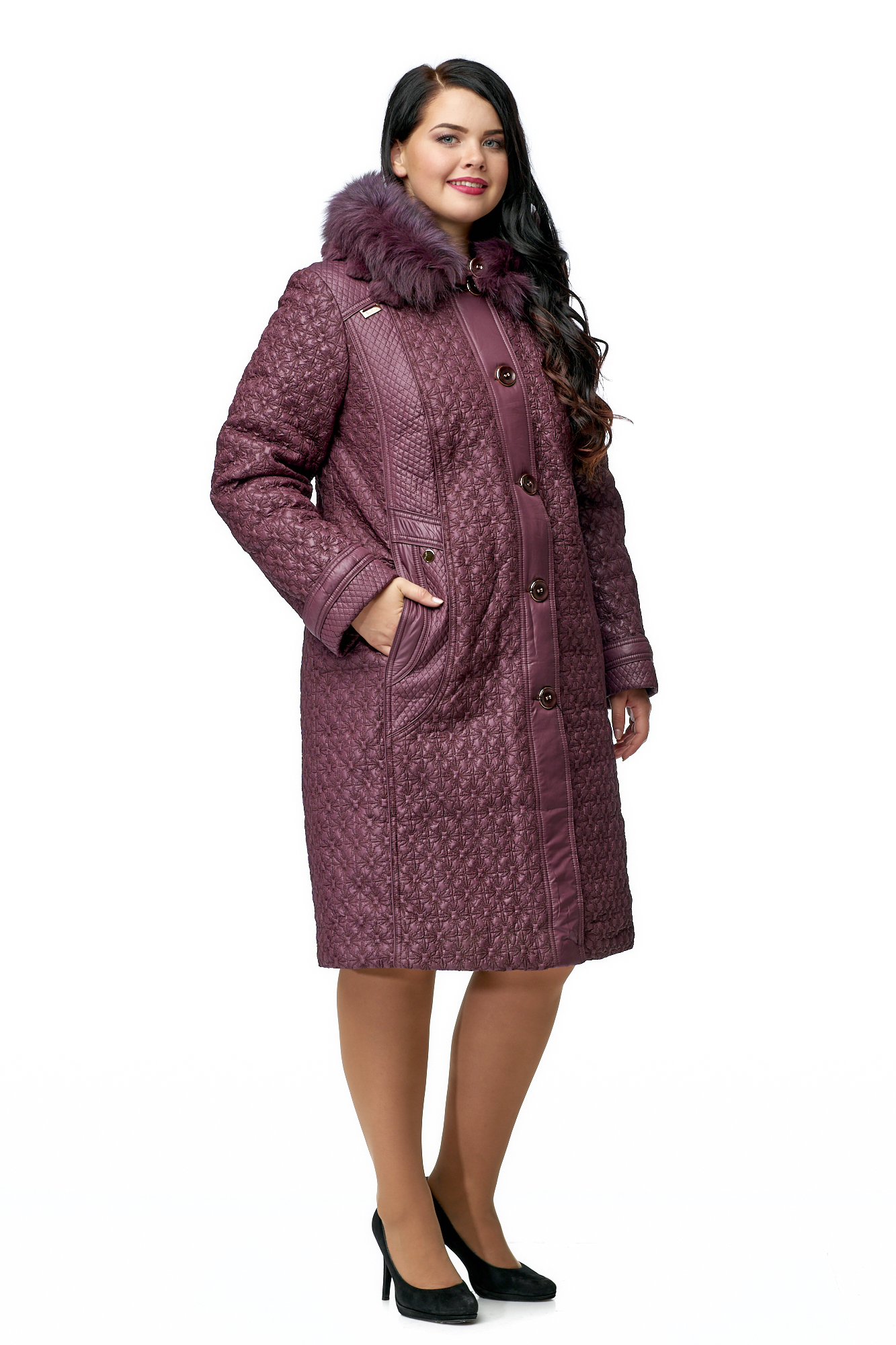 Женское пальто из текстиля с капюшоном, отделка песец 8010018-2