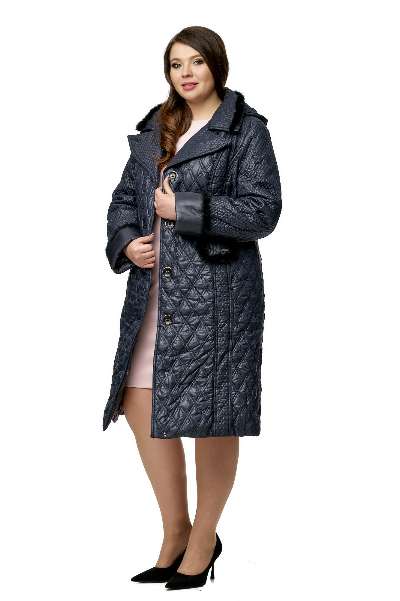Женское пальто из текстиля с капюшоном, отделка норка 8010064-2