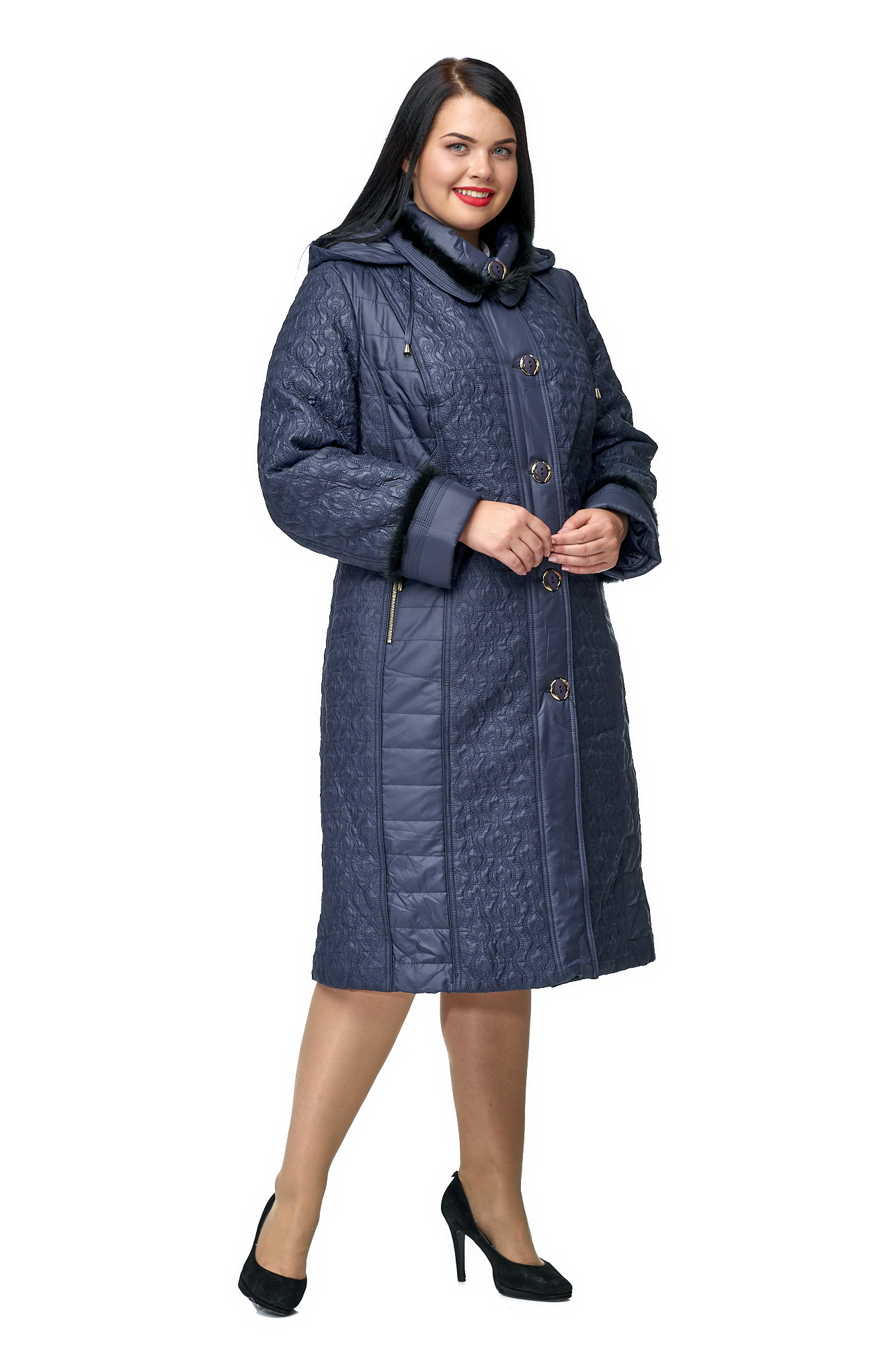 Женское пальто из текстиля с капюшоном, отделка норка 8010073-2