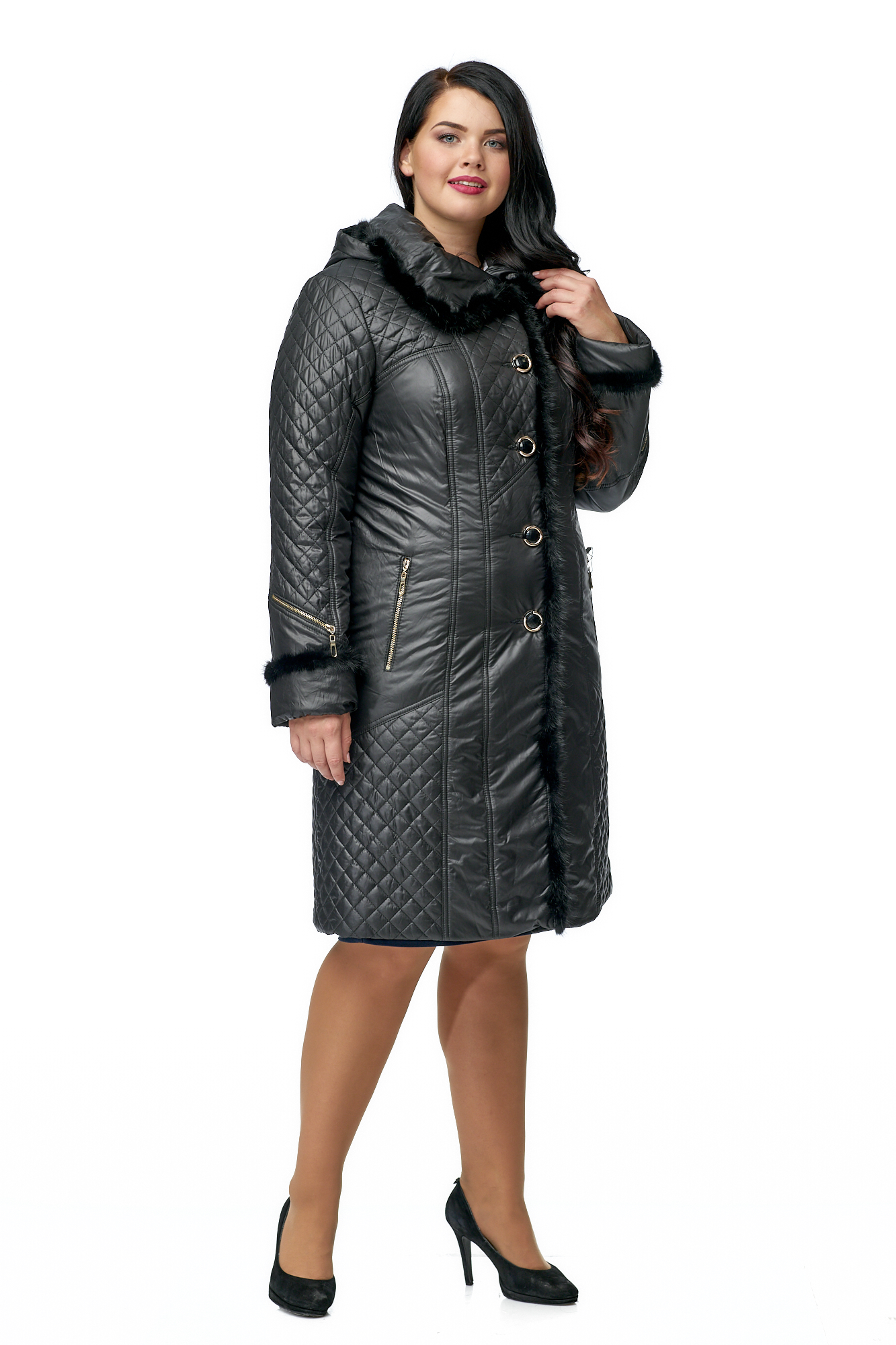 Женское пальто из текстиля с капюшоном, отделка норка 8010084-2