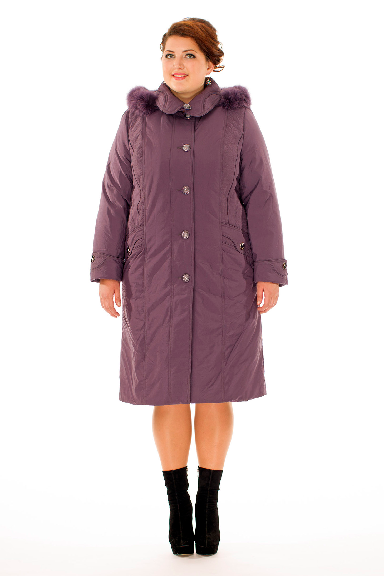 Женское пальто из текстиля с капюшоном, отделка песец 8010117-2